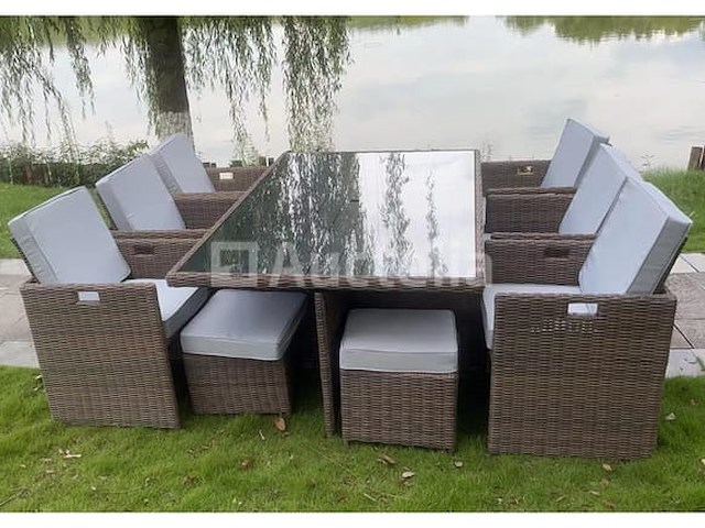 Diningset 11 delig - donkerbruin wicker + grijze kussens - afbeelding 3 van  4