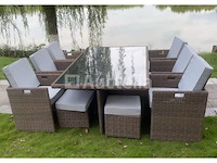 Diningset 11 delig - donkerbruin wicker + grijze kussens - afbeelding 3 van  4