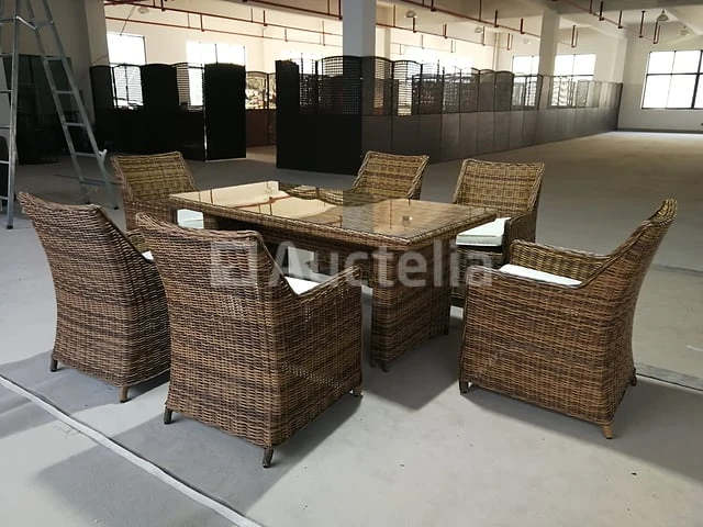 Diningset 7-delig - halfrond wicker - bruin / grijze kussens - glazen tafelblad - afbeelding 1 van  3