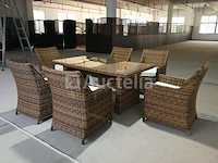Diningset 7-delig - halfrond wicker - bruin / grijze kussens - glazen tafelblad