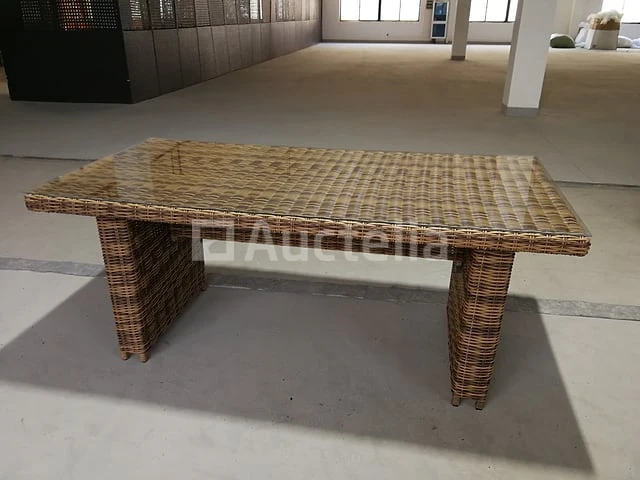 Diningset 7-delig - halfrond wicker - bruin / grijze kussens - glazen tafelblad - afbeelding 3 van  3