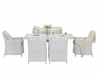 Diningset 7-delig - halfrond wicker - wit / grijze kussens - glazen tafelblad
