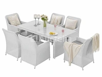 Diningset 7-delig - halfrond wicker - wit / grijze kussens - glazen tafelblad - afbeelding 3 van  4