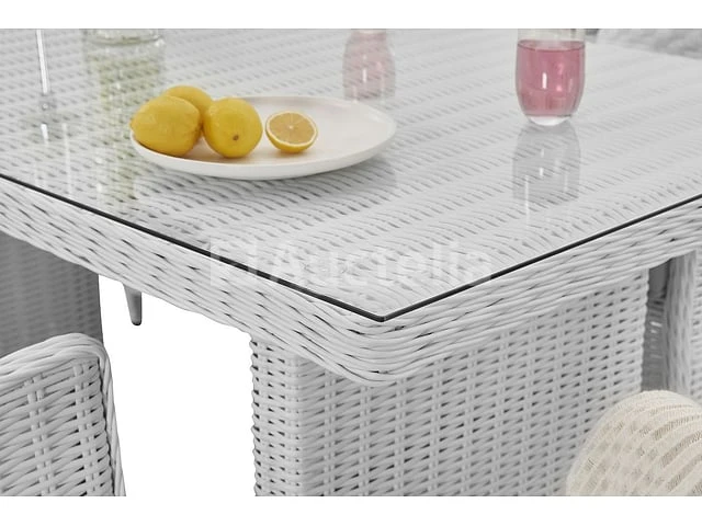 Diningset 7-delig - halfrond wicker - wit / grijze kussens - glazen tafelblad - afbeelding 1 van  4