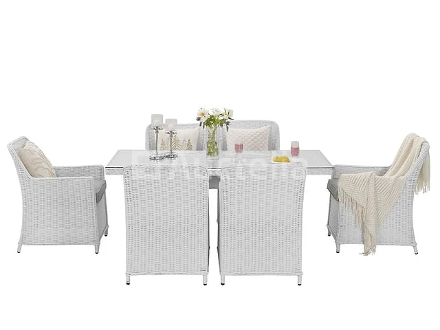 Diningset 7-delig - halfrond wicker - wit / grijze kussens - glazen tafelblad - afbeelding 2 van  4