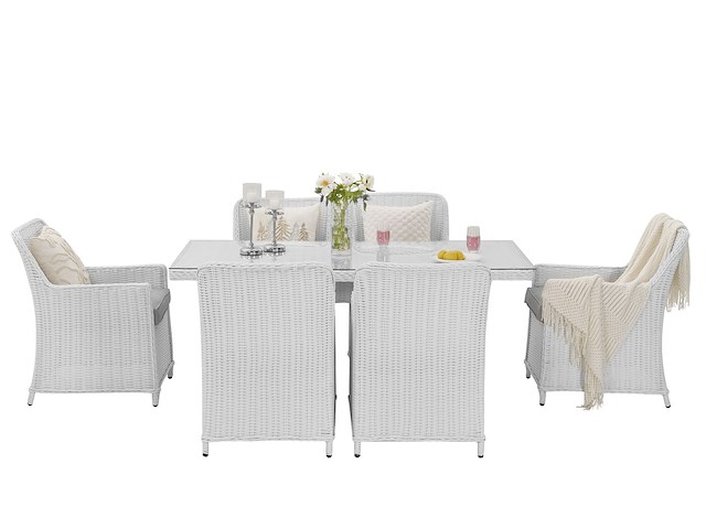 Diningset 7-delig - halfrond wicker - wit / grijze kussens - glazen tafelblad - afbeelding 2 van  4