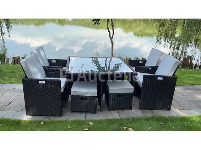 Diningset 9-delig black wicker / witte kussens - afbeelding 1 van  3