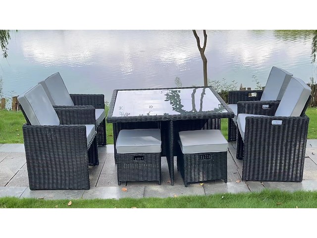 Diningset 9-delig black wicker / witte kussens - afbeelding 2 van  3