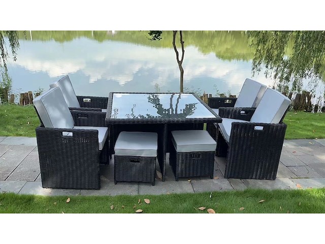 Diningset 9-delig black wicker / witte kussens - afbeelding 1 van  3