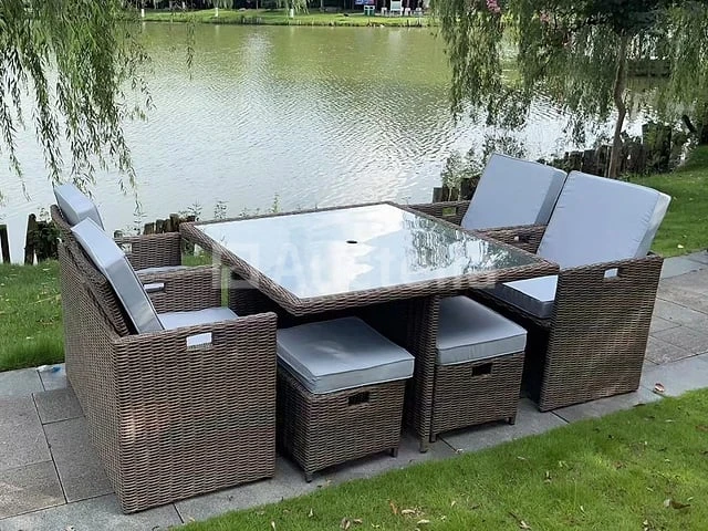 Diningset 9-delig dark brown wicker / witte kussens - afbeelding 2 van  2