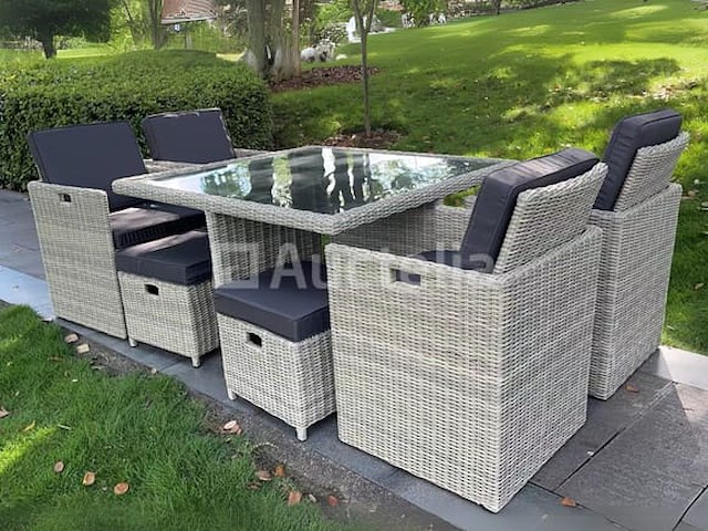 Diningset 9-delig light grey wicker / zwarte kussens - afbeelding 3 van  3