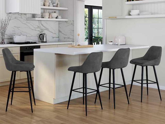 Donkergrijze fluwelen zitplaatsen, barkrakrukken en metalen poten (x4) - afbeelding 1 van  9