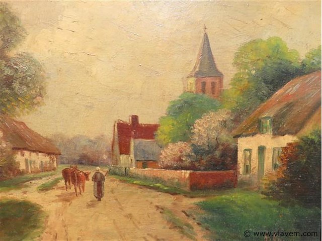 Dorpszicht, paneel, gesigneerd - afbeelding 2 van  3