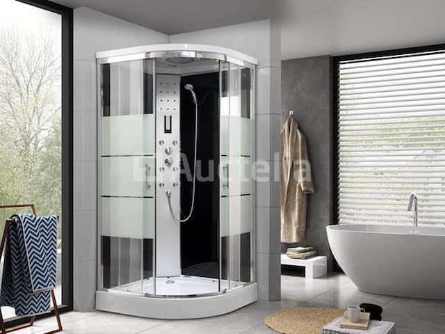 Douchecabine halfrond - witte bodemplaat met zilverkleurig frame 90x90x215 cm - afbeelding 1 van  1