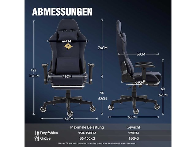 Dowinx gamingstoel, bureaustoel met grote, ultra-gladde wielen - blauw en zwart - afbeelding 1 van  5