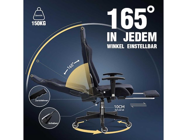 Dowinx gamingstoel, bureaustoel met grote, ultra-gladde wielen - blauw en zwart - afbeelding 4 van  5