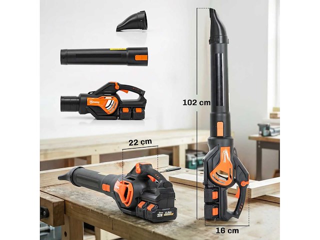 Draadloze bladblazer met borstelloze motor 900w batterij 36v (2x4,0ah) krachtige 15,2 m³/min oranje en zwart - afbeelding 3 van  5