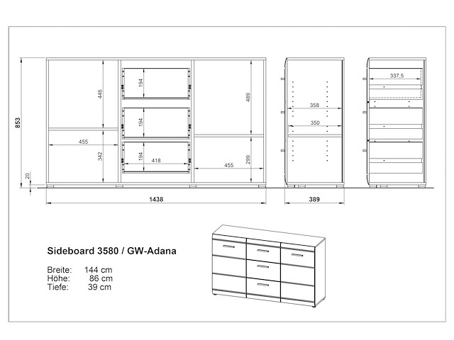 Dressoir allan 144cm met 2 deuren & 3 lades - wit - afbeelding 7 van  7