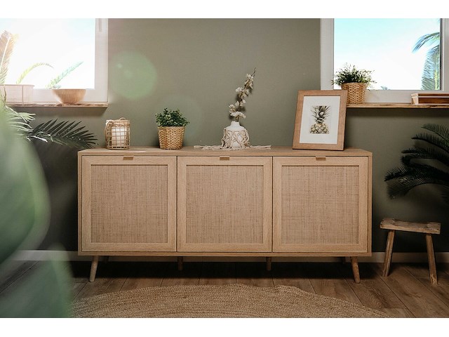 Dressoir bilal 150cm 3 deuren - eik/geprint rafia - afbeelding 1 van  7