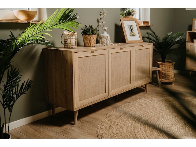 Dressoir bilal 150cm 3 deuren - eik/geprint rafia - afbeelding 2 van  7