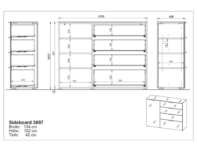 Dressoir dudek 134cm met 4 lades & 1 deur - wit - afbeelding 5 van  5