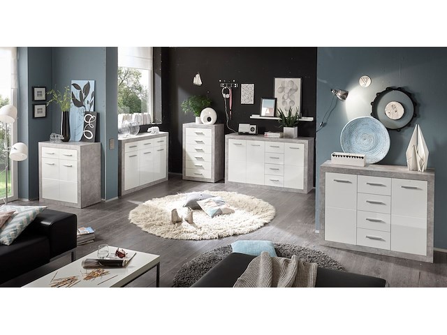 Dressoir inga 152 cm met 3 deuren & 4 lades - beton/wit - afbeelding 1 van  2