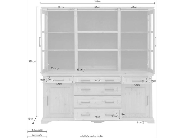 Dressoir met glazen deuren en metalen handvatten - massief grenen - afbeelding 3 van  13