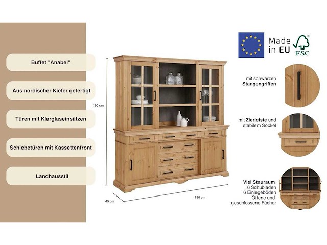 Dressoir met glazen deuren en metalen handvatten - massief grenen - afbeelding 7 van  13
