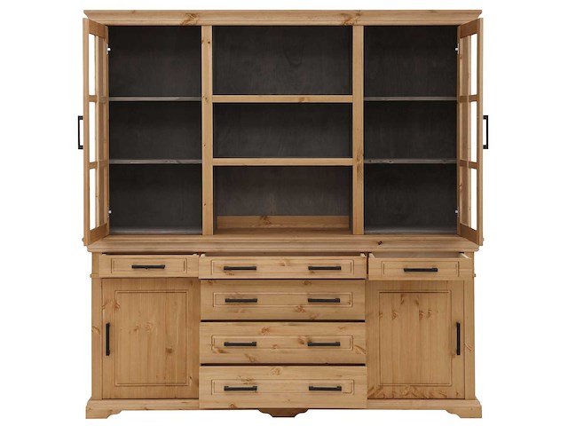 Dressoir met glazen deuren en metalen handvatten - massief grenen - afbeelding 9 van  13