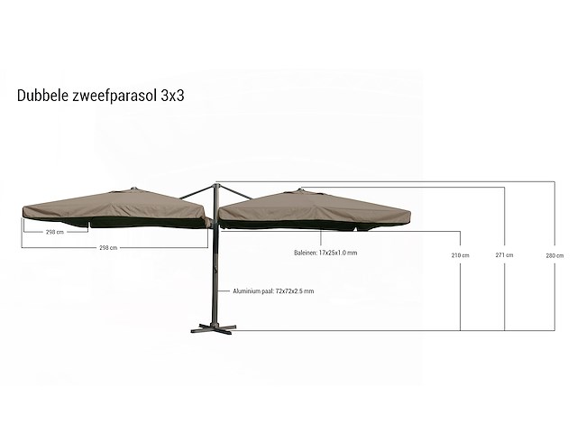 Dubbel hangende parasol zandkleurig (2 * 300x300cm) - afbeelding 1 van  3