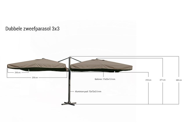Dubbele hangende parasol donkergrijs (2 * 300x300cm) - afbeelding 1 van  3
