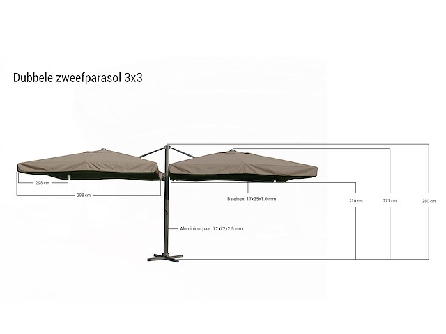 Dubbele hangende parasol donkergrijs (2 * 300x300cm) - afbeelding 1 van  3