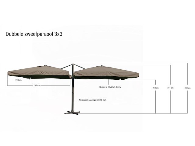 Dubbele hangende parasol donkergrijs (2 * 300x300cm) - afbeelding 2 van  3