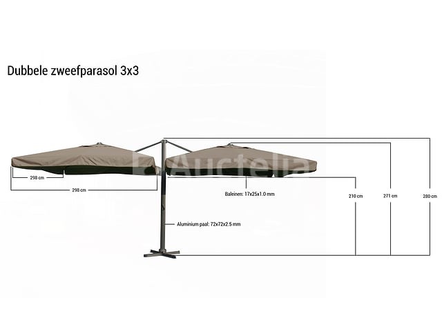 Dubbele hangende parasol taupe / sandy (2 * 300x300cm) - afbeelding 1 van  3