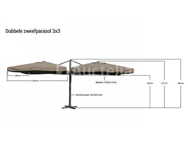 Dubbele hangende parasol taupe / sandy (2 * 300x300cm) - afbeelding 1 van  3