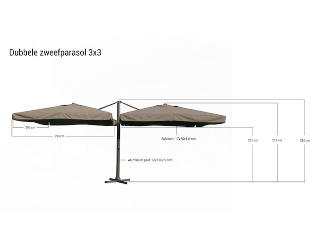 Dubbele hangende parasol taupe / sandy (2 * 300x300cm) - afbeelding 2 van  3