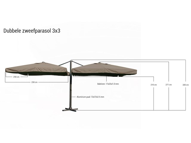 Dubbele hangende parasol wit (2 * 300x300cm) - afbeelding 2 van  3