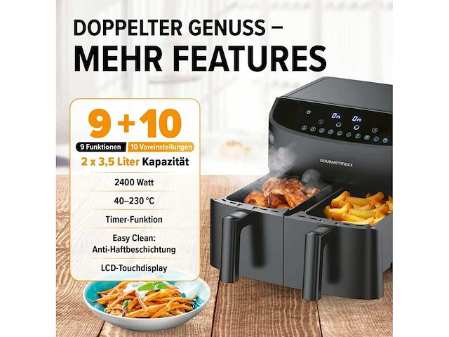 Dubbele mandje airfryer - 2 x 3,5 l - zwart - afbeelding 2 van  5