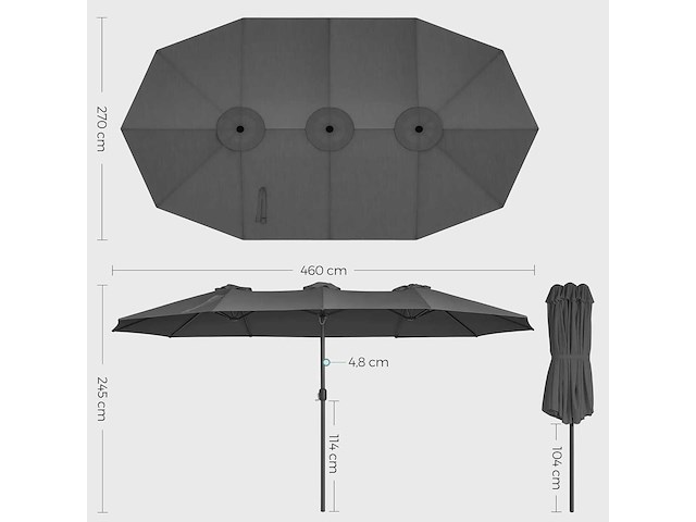 Dubbele parasol - 460 x 270 cm - antraciet - afbeelding 4 van  8