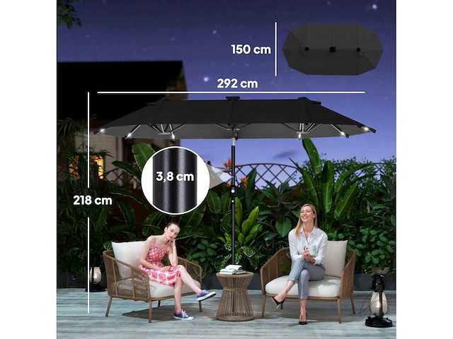Dubbele tuinparasol 3 x 1,5 m, buitenparasol met zonne-verlichting, slinger en 2 ventilatieroosters, grijs - afbeelding 3 van  8