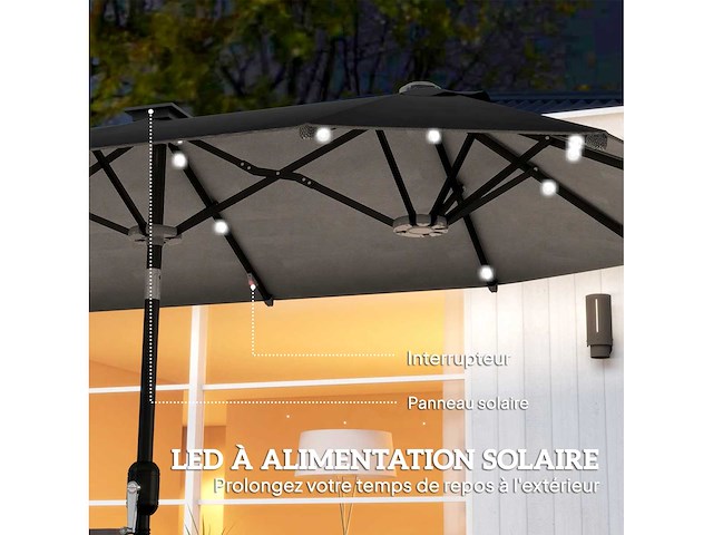 Dubbele tuinparasol 3 x 1,5 m, buitenparasol met zonne-verlichting, slinger en 2 ventilatieroosters, grijs - afbeelding 4 van  8