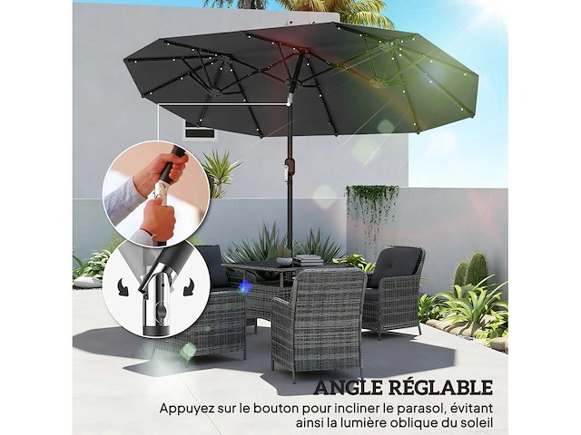 Dubbele tuinparasol 3 x 1,5 m, buitenparasol met zonne-verlichting, slinger en 2 ventilatieroosters, grijs - afbeelding 5 van  8