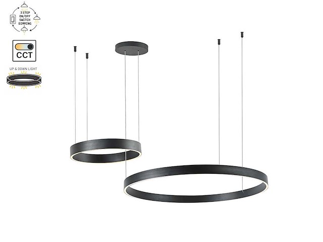 Duora design hanglamp zand zwart 80cm&40cm duo ring 60w led cct 3 kleur & 3 stappen dimmen(1x) - afbeelding 2 van  5