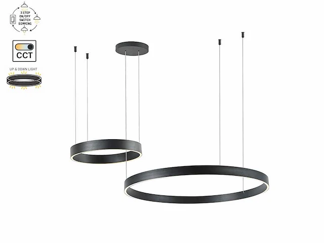 Duora design hanglamp zand zwart 80cm&40cm duo ring 60w led cct 3 kleur & 3 stappen dimmen(1x) - afbeelding 2 van  5