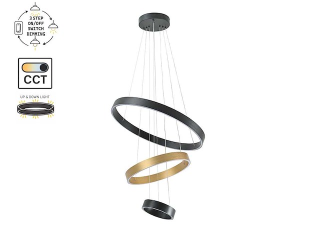 Duora zand zwart en goud hanglamp 20cm&40cm&60cm trio ring 60w led 3cct & 3 stappen dim(1x) - afbeelding 2 van  3