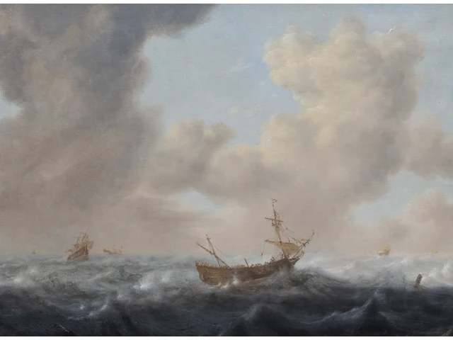 Dutch 17thc school, ships on a stormy sea, oil on oak 35 x 47 cm. (13.77 x 18 1/2 in.), frame: 64 x 75.5 cm. (25.19 x 29.71 in.) - afbeelding 1 van  5