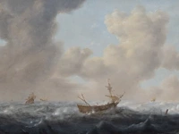 Dutch 17thc school, ships on a stormy sea, oil on oak 35 x 47 cm. (13.77 x 18 1/2 in.), frame: 64 x 75.5 cm. (25.19 x 29.71 in.)