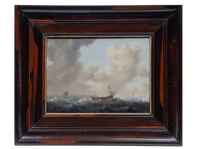 Dutch 17thc school, ships on a stormy sea, oil on oak 35 x 47 cm. (13.77 x 18 1/2 in.), frame: 64 x 75.5 cm. (25.19 x 29.71 in.) - afbeelding 2 van  5