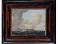 Dutch 17thc school, ships on a stormy sea, oil on oak 35 x 47 cm. (13.77 x 18 1/2 in.), frame: 64 x 75.5 cm. (25.19 x 29.71 in.) - afbeelding 2 van  5