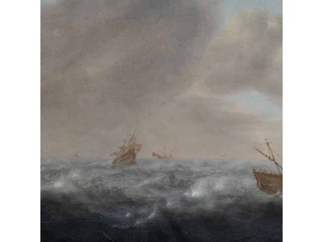 Dutch 17thc school, ships on a stormy sea, oil on oak 35 x 47 cm. (13.77 x 18 1/2 in.), frame: 64 x 75.5 cm. (25.19 x 29.71 in.) - afbeelding 4 van  5